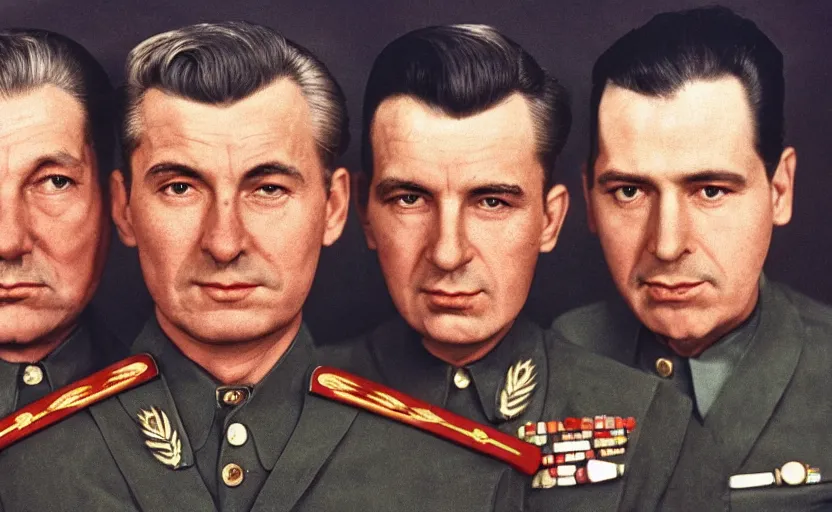 Image similar to 50s movie still close-up portrait of three individual elder soviet generals with very diverses faces in a stalinist style hall, by Irving Penn, Cinestill 800t 50mm eastmancolor, heavy grainy picture, very detailed, high quality, 4k, HD criterion, precise texture, facial precision, diverse haircuts, diverse ages, different expression