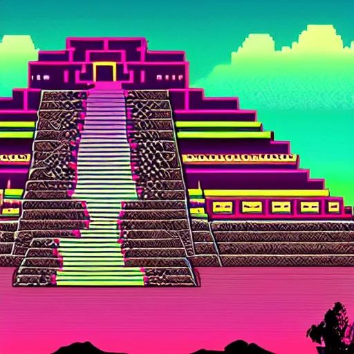 Prompt: ancient aztec structure, epic retrowave art, trending on art station