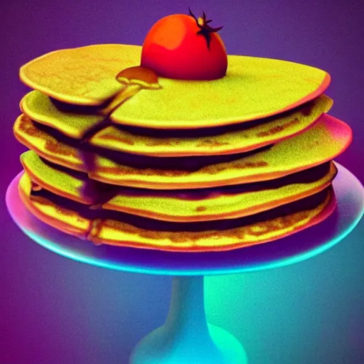 Image similar to a psychedelic stack of pancakes on a pedestal at an art museum, realistic photo, vaporwave style