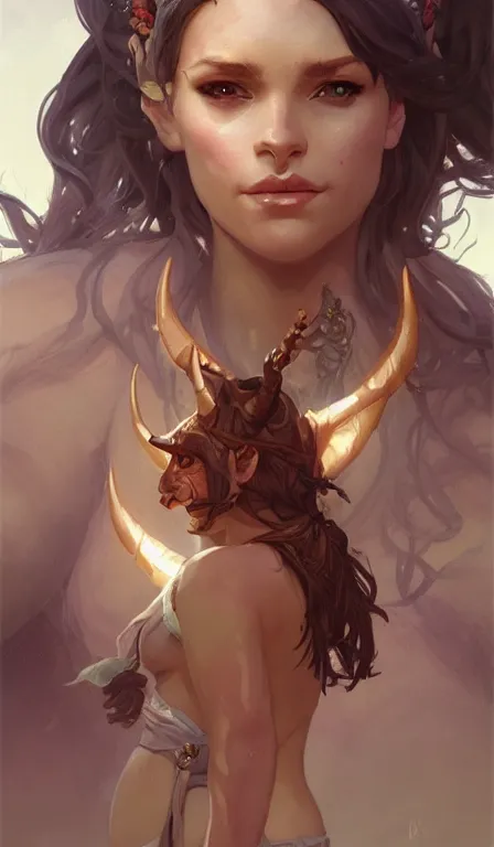 Image similar to cute Whimsical Tiefling Druid with cute horns , light-brown skin, D&D, fantasy, portrait, highly detailed, digital painting, artstation, concept art, sharp focus, illustration, art by greg rutkowski and alphonse mucha