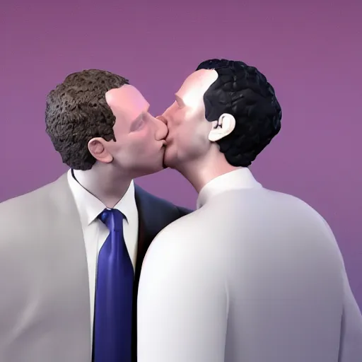 Image similar to a 3d render of mark zuckerburg kissing donald trump, in the style of beeple,