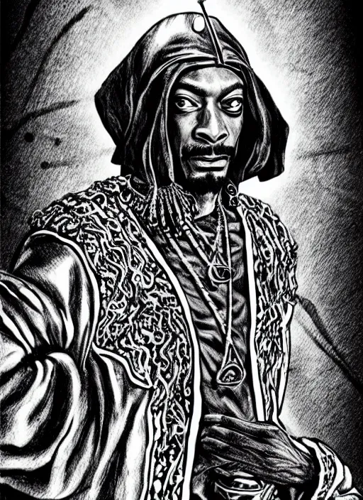 Image similar to Snoop Dogg as a knight, highly detailed, black and white, manga, art by Kentaro Miura