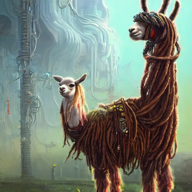 Prompt: llama with dreadlocks, industrial scifi, by mandy jurgens, ernst haeckel, anton fadeev, james jean