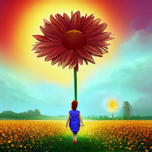 Image similar to giant daisy flower as a head, girl walking in flower field, surreal photography, moon light, dark night, dramatic, impressionist painting, clouds, digital painting, artstation, simon stalenhag