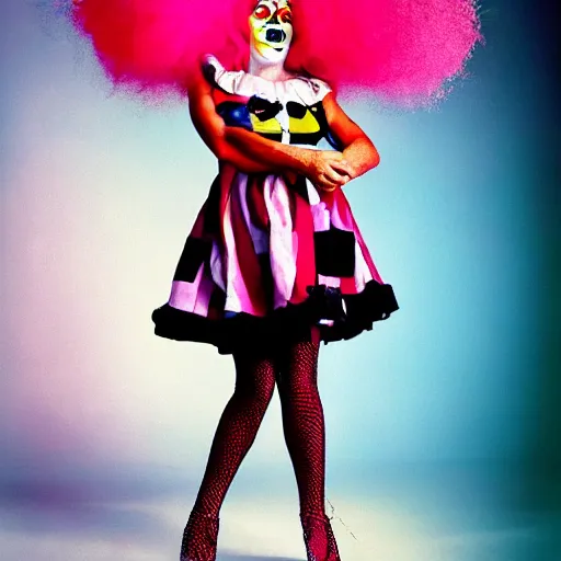 Image similar to female clown photo, wide angle lens, full body, photo by David LaChapelle