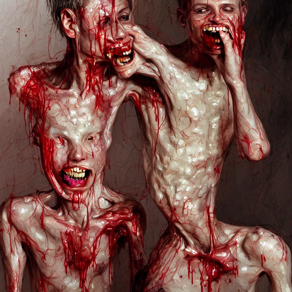 Prompt: bright realistic anorexic man puking blood and smiling franticly, apartment, rotten flesh, diffuse lighting, fantasy, intricate, elegant, highly detailed, lifelike, photorealistic, digital painting, artstation, illustration, concept art, smooth, sharp focus, art by francis bacon and jenny saville