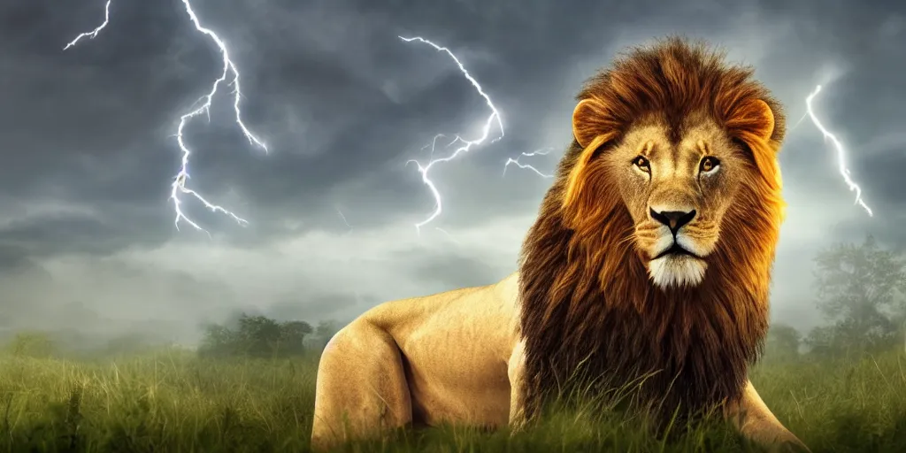 Prompt: aslan the lion, composition, hyper realistic, volumetric lightning. studio lightning, wallpaper, meadow in the background