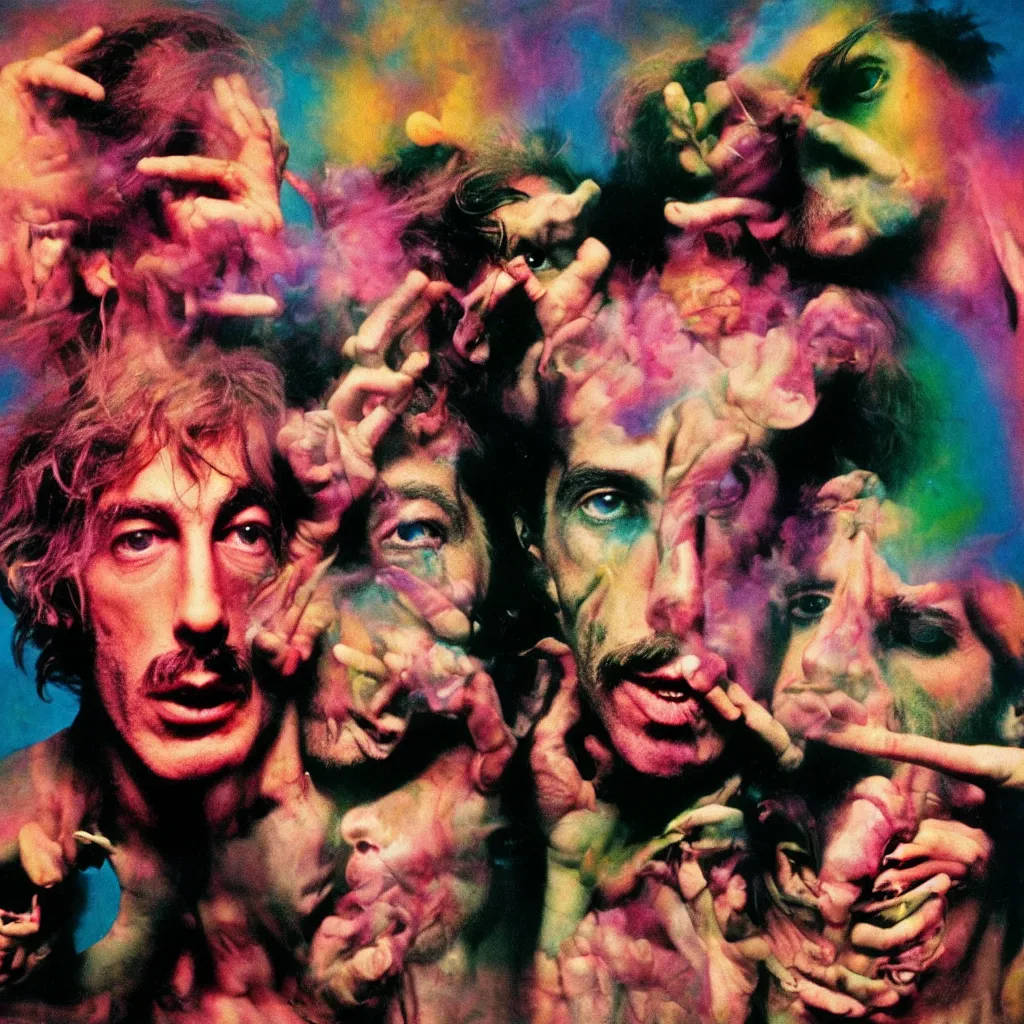 Image similar to award winning photo of pink floyd and frank zappa tripping on lsd and smoking weed, vivid colors, happy, symmetrical face, beautiful eyes, studio lighting, wide shot art by Sally Mann & Arnold Newman