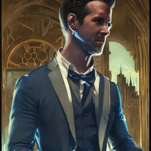 Image similar to ryan reynolds as spider - man, wearing a black and blue suit, cinematic, volumetric lighting, f 8 aperture, cinematic eastman 5 3 8 4 film, photorealistic by greg rutkowski, by stanley artgerm, by alphonse mucha