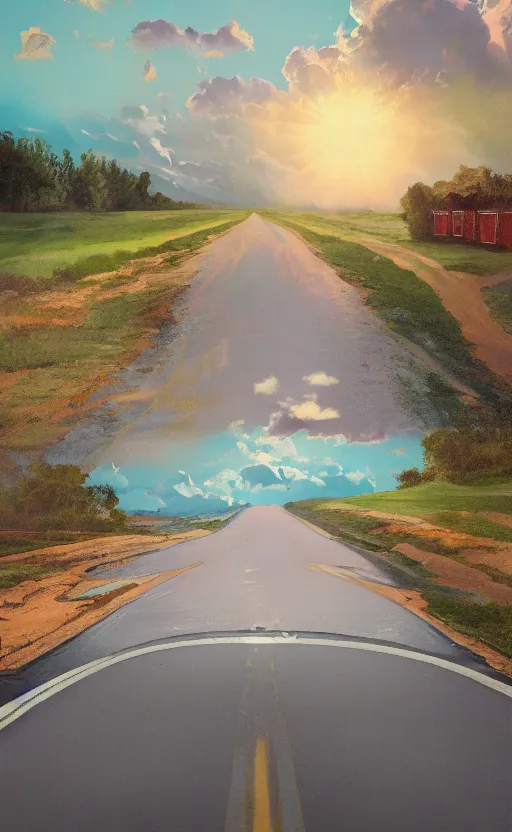 Prompt: paperback book cover. 1 9 5 0 s. pure colors, melting clouds, accurately drawn details, a sunburst above a receding road with the light reflected in furrows and ruts, after rain. photorealistic. octane render. cinematic. trending on artstation.