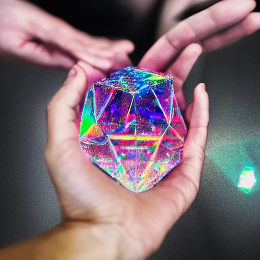 Prompt: a person holding a colorful object in their hand, a hologram by jeka kemp, polycount, crystal cubism, made of crystals, irridescent, holographic