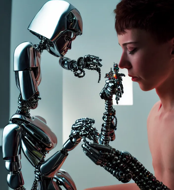 Prompt: professional 8k soviiiet portrait photograph of a young androgyne-cyborg sculpting a small chrome robot sculpture in a futuristic bright studio, by Raphael Santi, still from a 1999 movie by Gaspar Noé and James Cameron.