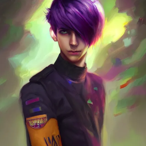 Prompt: colorful and festive captivating teenager boy with straight purple hair, purple eyes with red eye markers, slim body, wearing combat clothes. rich vivid colors, ambient lighting, dynamic lighting, 4 k, atmospheric lighting, painted, intricate, highly detailed by charlie bowater