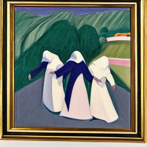 Image similar to nuns in a landscape, by giacomo balla