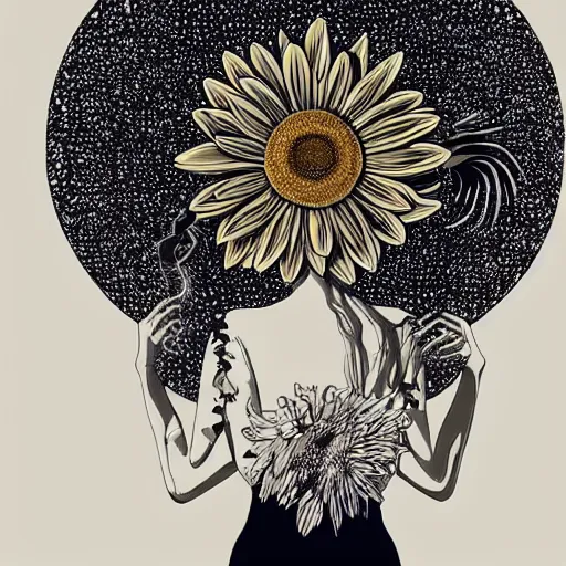 Image similar to closeup, huge daisy flower head, woman in modern apartment, surreal, dramatic light, by victo ngai by james jean, by rossdraws, frank franzzeta, mcbess