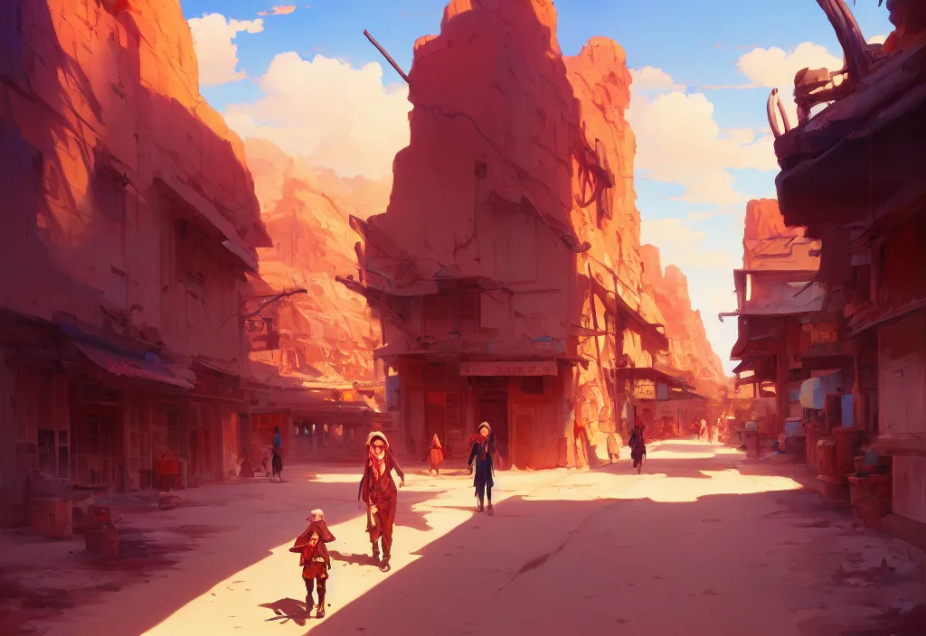 Image similar to small western street in the desert, intricate oil painting, high detail illustration, sharp high detail, manga and anime 1 9 9 9, official fanart behance hd artstation by jesper ejsing and makoto shinkai, 4 k,