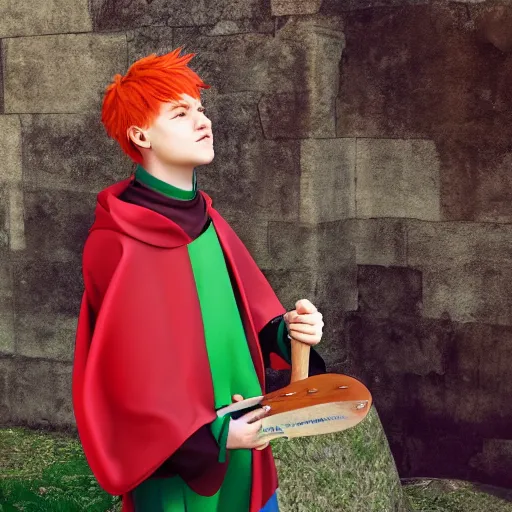 Prompt: teenage boy with fire - red hair, mischievous expression, bright green eyes, green cloak, holding a lute, small medieval village in the background, hyperrealism, octane render, 8 k,