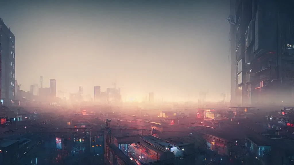 Prompt: Professional photograph of a simple suburban cyberpunk town during midnight. A huge city looms in the distance past the fog. 4k, cozy wallpaper, ray tracing, Unreal engine, trending on Artstation, award-winning, art by Greg Rutkowski, by Chris Moore