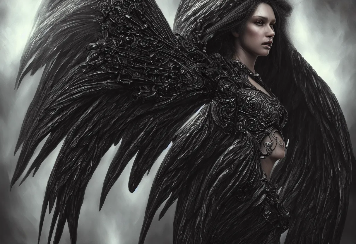 Image similar to detailed portrait of a big dark angel spread wings, diffuse lighting, scifi fantasy, intricate, highly detailed, lifelike, photorealistic, digital painting, artstation, illustration, concept art, smooth, sharp focus,