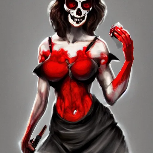 Image similar to Female death. holding a red and black skull. with the top cut off in one hand up to her face like hamlet, kodachrome, high contrast, highly detailed, sharp focus, digital painting, concept art, illustration, trending on artstation,