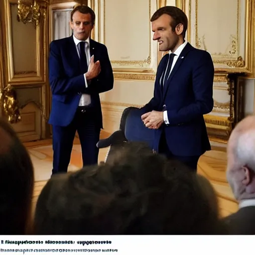 Prompt: Emmanuel Macron having a meeting with reptiles, reptiles, reptiles, reptiles, dramatic lighting, dark image, photography, masterpiece