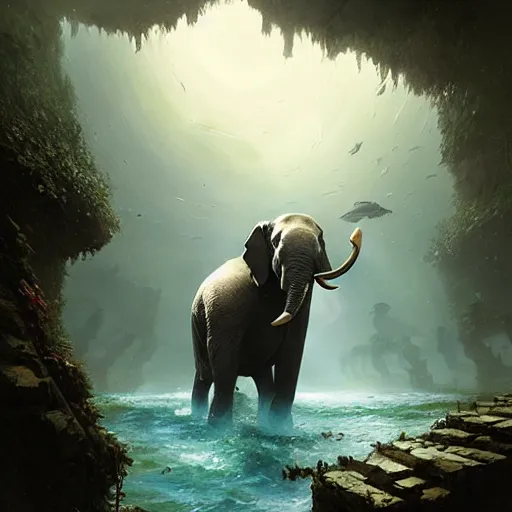 Prompt: an elephant discovering the lost city of atlantis,digital art,detailed,ultra realistic,art by greg rutkowski