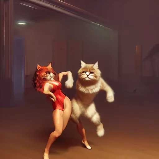 Image similar to A hyper real comic book style portait painting of two persian cats dancing salsa, unreal 5, hyperrealistic, octane render, cosplay, RPG portrait, dynamic lighting