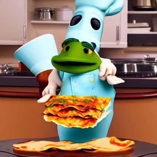 Image similar to pixar 3 d style cute platypus on a kitchen wearing a chef hat and holding a lasagna into an oven, with three basil leaves over the lasagna, pixar style, 3 d, ratatouille style