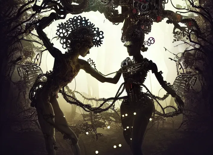 Image similar to silhouette of an intricate mechanical fairy with visible gears having tea with a cyborg winged horned demon medusa in a magical forest. Very detailed 8k. Fantasy cyberpunk horror. Sharp. Cinematic post-processing