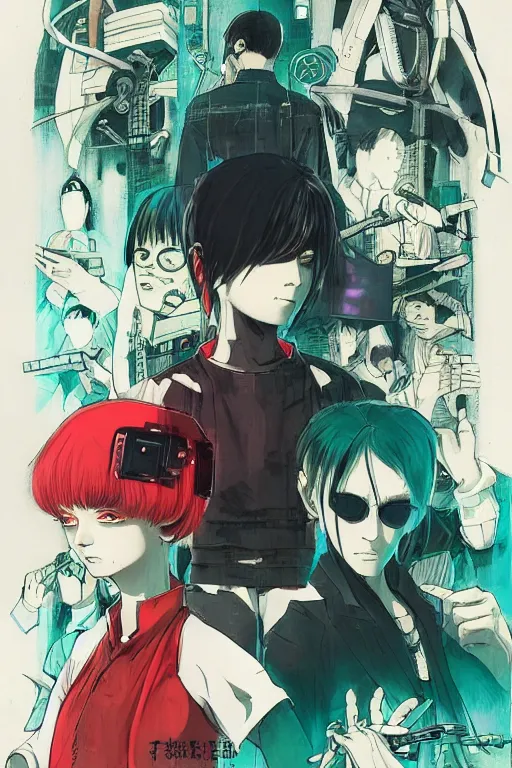 Prompt: professionally drawn seinen mature cyberpunk detective horror action manga comic cover about hinduism buddhism reincarnation cyborgs, full color, beautifully drawn coherent professional, drawn by ilya kuvshinov, ilya kuvshinov, satoshi kon and tsutomu nihei. japanese script kanji hiragana on the cover. simple minimalist stylized cover art. blue green cel shaded