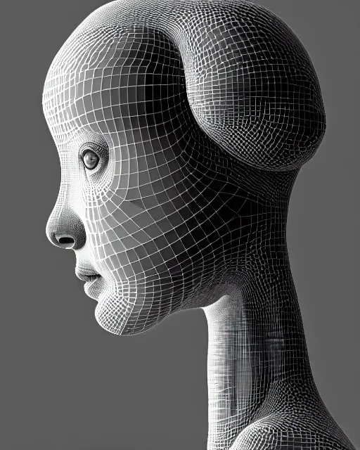 Image similar to a black and white 3D render of a beautiful portrait of a young female angelic-dragon-cyborg face with a very long neck, 150 mm, orchids, Mandelbrot fractal, anatomical, flesh, facial muscles, veins, arteries, full frame, microscopic, elegant, highly detailed, flesh ornate, elegant, high fashion, rim light, ray trace, octane render in the style of H.R. Giger and Man Ray, Realistic, Refined, Digital Art, Highly Detailed, Cinematic Lighting, rim light, black and white, photo-realistic Unreal Engine, 8K