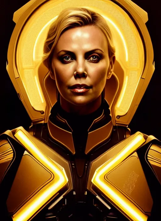 Prompt: symmetry!! portrait of charlize theron, gold sci - fi armour, tech wear, glowing lights!! sci - fi, intricate, elegant, highly detailed, digital painting, artstation, concept art, smooth, sharp focus, illustration, art by artgerm and greg rutkowski and alphonse mucha