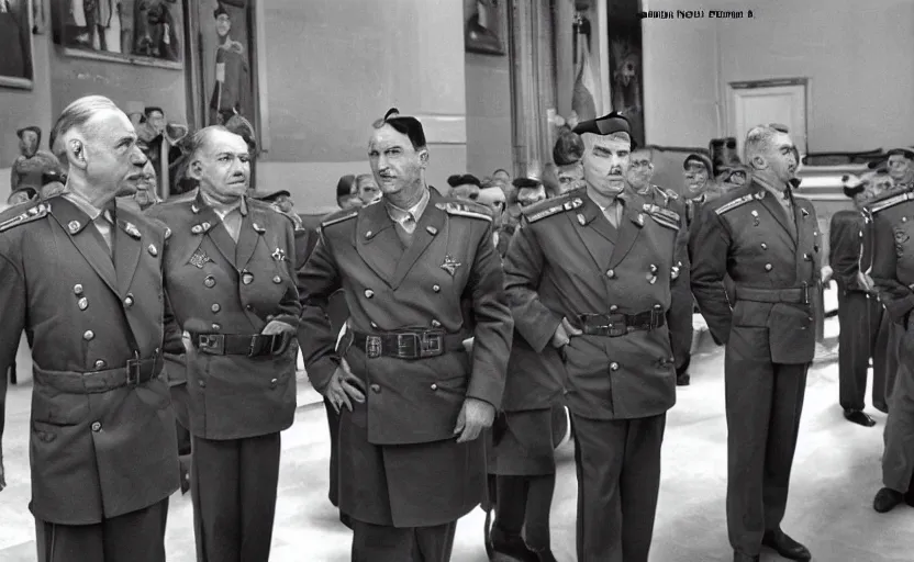Prompt: 50s movie still of very diverse soviet generals officers marshal and politics head with very detailed faces in a stalinist parlement, by Alexei Guerman, Cinestill 800t 35mm black and white, heavy grainy picture, very detailed, high quality, 4k, HD criterion, precise texture, diverse faces, diverse haircuts, diverse ages, each faces precisely define