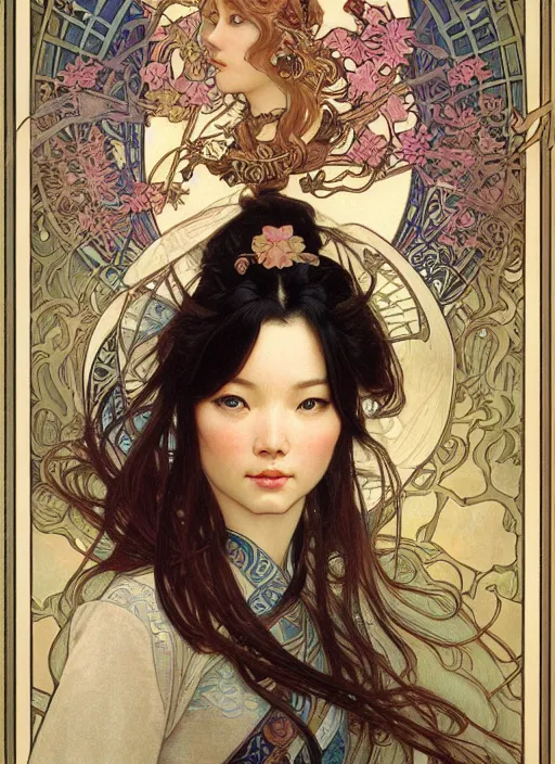 Prompt: realistic detailed face portrait of Hua Mulan by Alphonse Mucha, Ayami Kojima, Amano, Charlie Bowater, Karol Bak, Greg Hildebrandt, Jean Delville, and Mark Brooks, Art Nouveau, Neo-Gothic, gothic, portrait of Mia Farrow, playing card suit hearts