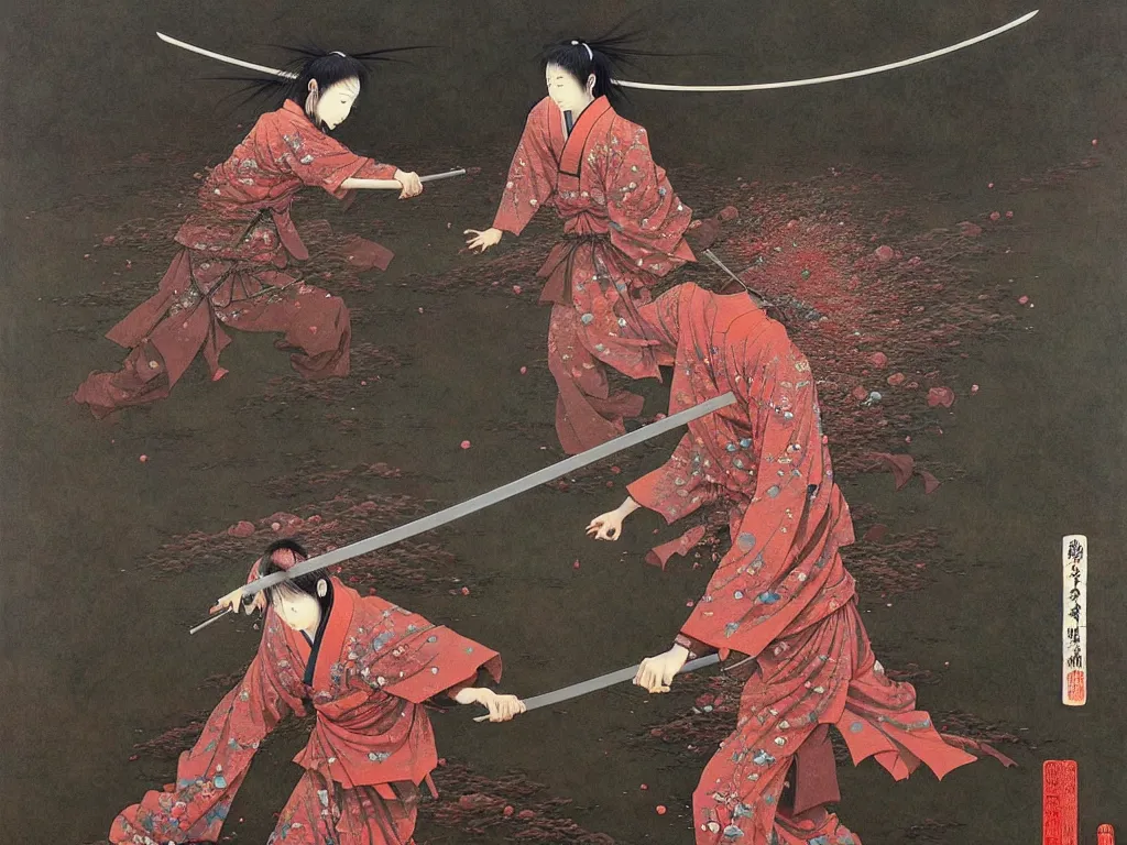 Image similar to Japanese schoolgirl runs away from Samurai with a katana on the subway, high detailed Beksinski painting, part by Adrian Ghenie and Gerhard Richter. art by Takato Yamamoto. masterpiece