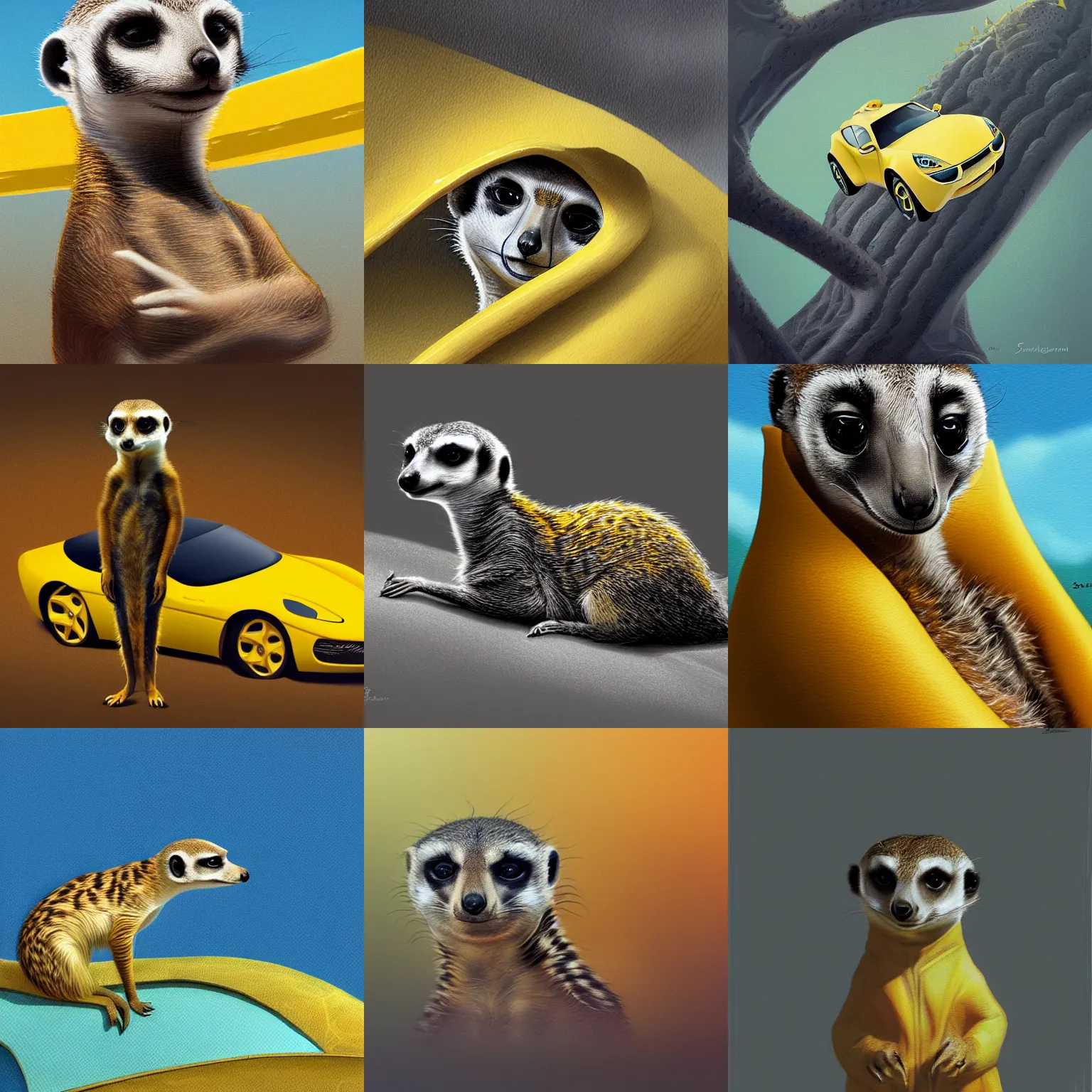 Prompt: a meerkat in a yellow stingray in Hawaii, artstation, by Sakimichan, intricate, elegant, highly detailed, digital painting, smooth, sharp focus