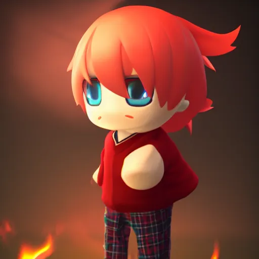 Prompt: cute fumo plush of a boy who can burn things just by looking at them, fiery stare, lens flare, vray