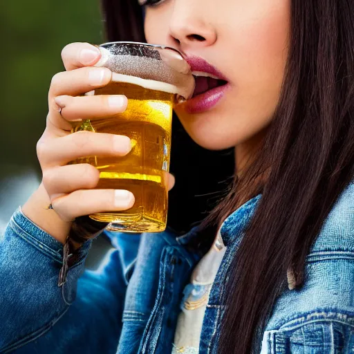 Image similar to 4k,ultra detailed portrait of Madison Beer drinking beer at the parking lot by Rachel Ruysch