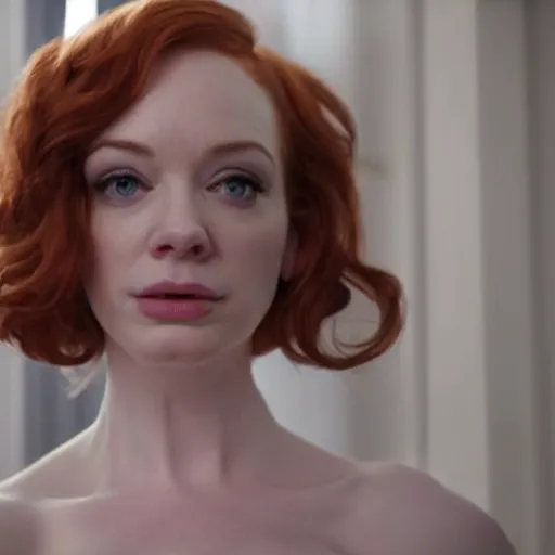 Image similar to amazing beautiful Christina Hendricks with an amazed look on her face in the living room, film still from the movie directed by Denis Villeneuve , wide lens