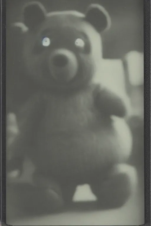 Prompt: polaroid photo of winnie the pooh in a [ dark room ] with [ glowing eyes ] looking at the camera