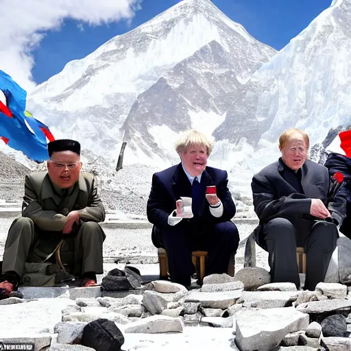 Image similar to kim jong - un, president joe biden, boris johnson, and vladimir putin enjoying earl grey tea at mount everest base camp, minimalist