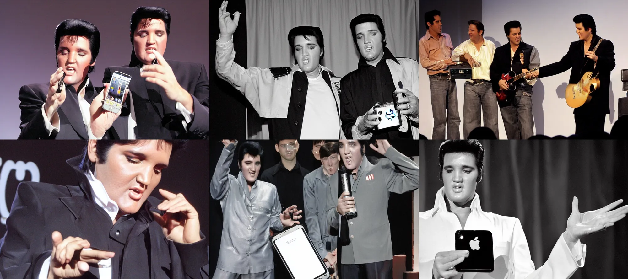 Prompt: elvis presley unveiling the iphone, on stage at macworld 2 0 0 7, presentation