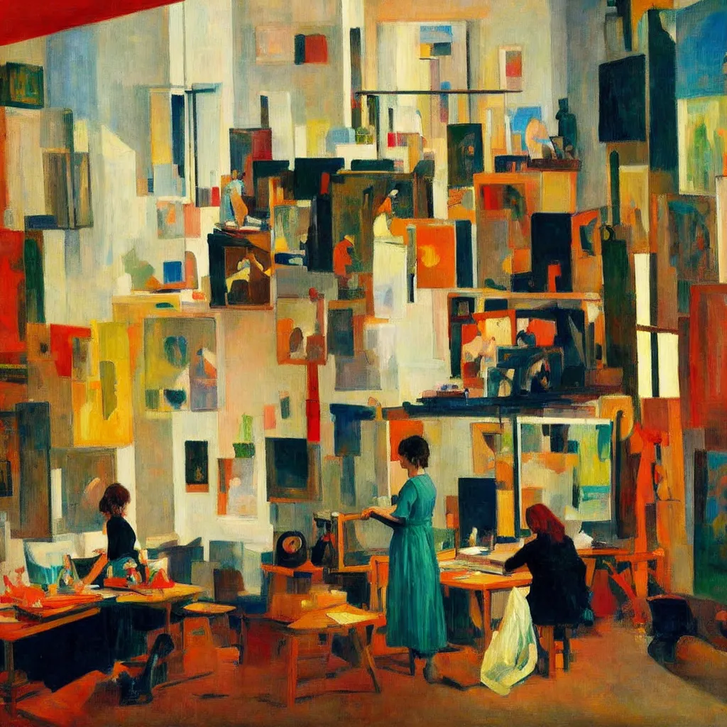 Image similar to painting of an artist, creating in her studio alone, in a huge eccentric studio filled with lots of incredible art, in the style of edward hopper