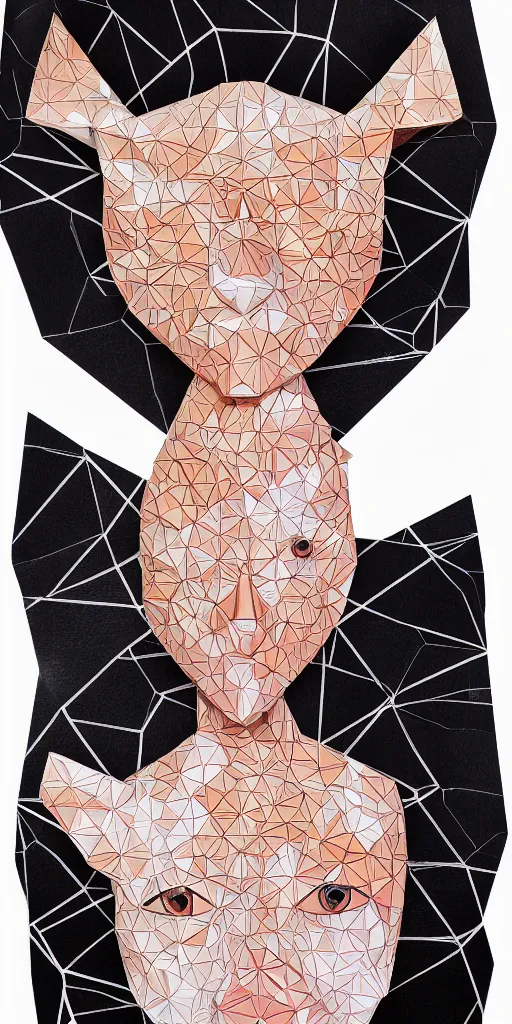 Image similar to portrait of a beautiful ceramic female tiger model wearing sakura and peach ( ( origami themed paper flower ) ) and metallic shapes haute couture by issey miyake