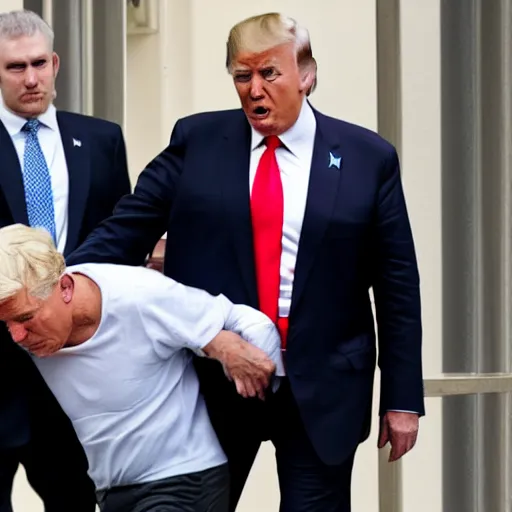 Prompt: Donald Trump being led away in handcuffs, perp walk, arrested