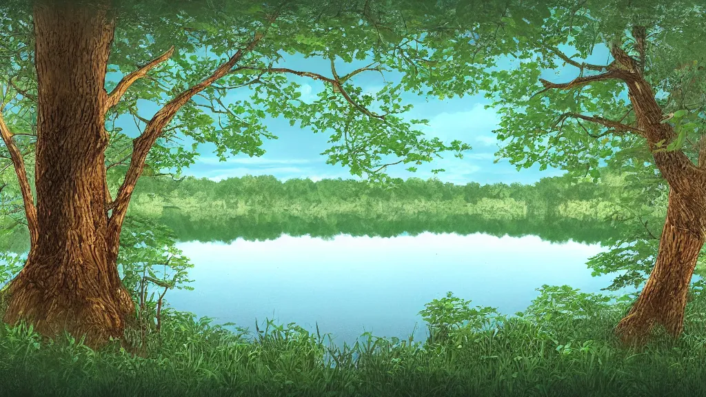 Prompt: a lake in a forest tarashikomi art style