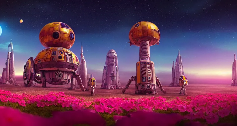 Prompt: a beautiful up close view of a walking mechanical castle on a tropical island paradise, underneath a star filled night sky, warm coloured, gigantic pillars and flowers, maschinen krieger, beeple, star trek, star wars, ilm, atmospheric perspective