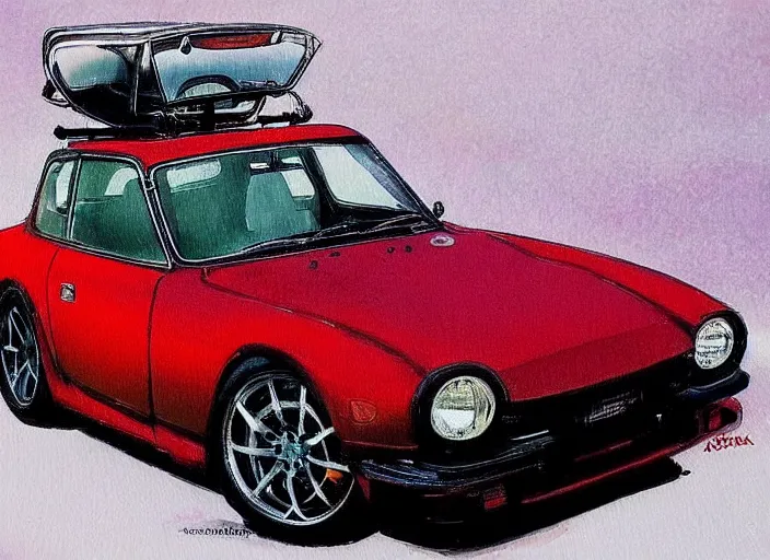 Image similar to beautiful yoshitaka amano art of a datsun fairlady roadster detailed painting