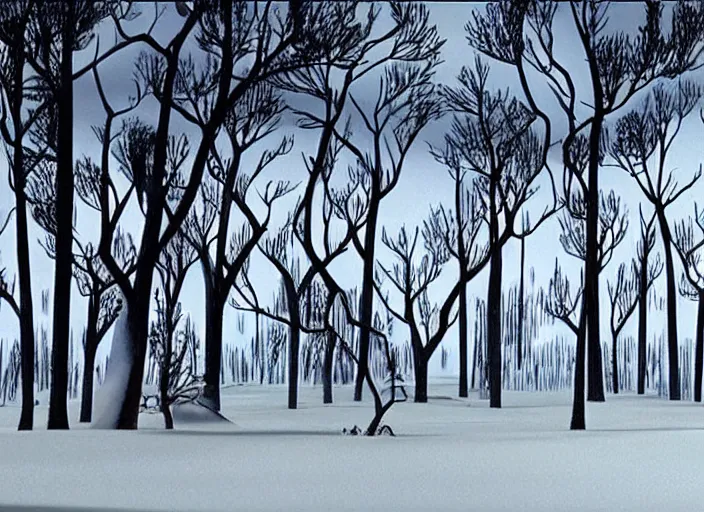 Prompt: stark minimalist charred wooded snowdrift landscape from mulan ( 1 9 9 8 )