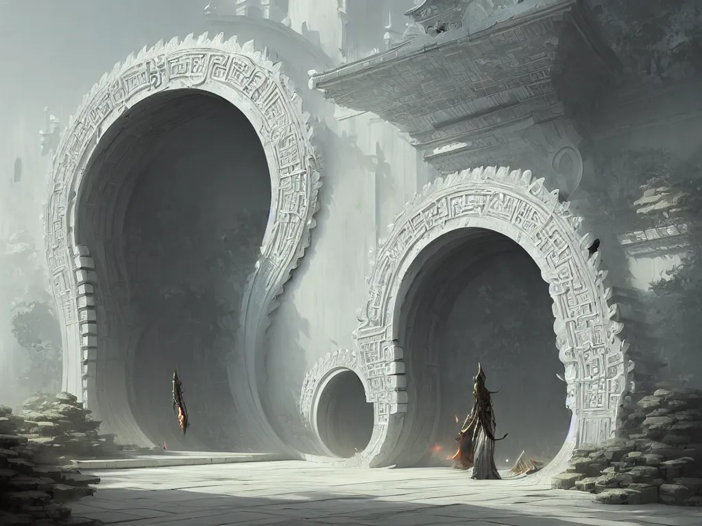 Image similar to circular gate in a white wall, leading to heaven. chinese architecture. fantasy. detailed. smooth. sharp focus. trending on artstation. artist greg rutkowski.